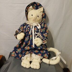 Vintage Stuffed Cat Blue Floral Dress With Bloomers, Ribbons And Bows‎ 1980s